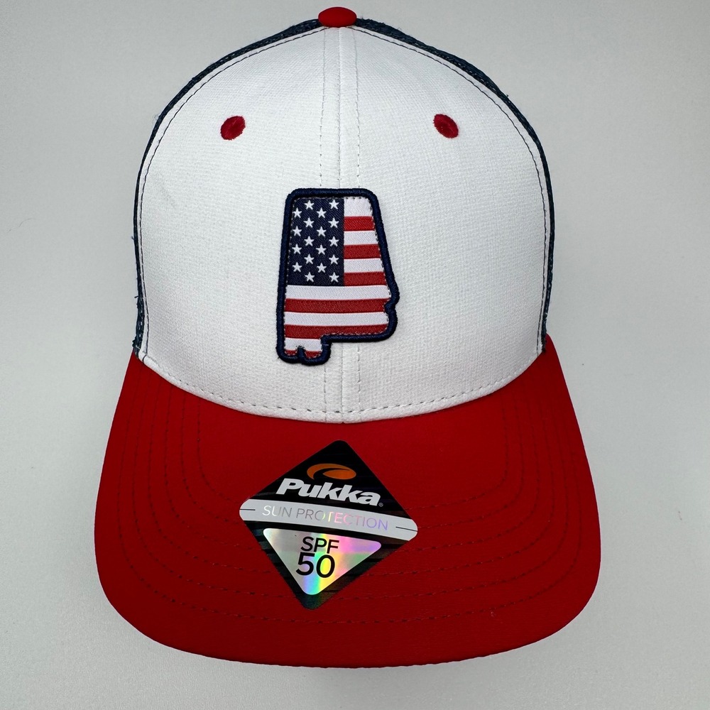 Pukka Alabama USA Flag Patch Trucker Hat Red White Blue SPF 50 Snapback Golf Cap